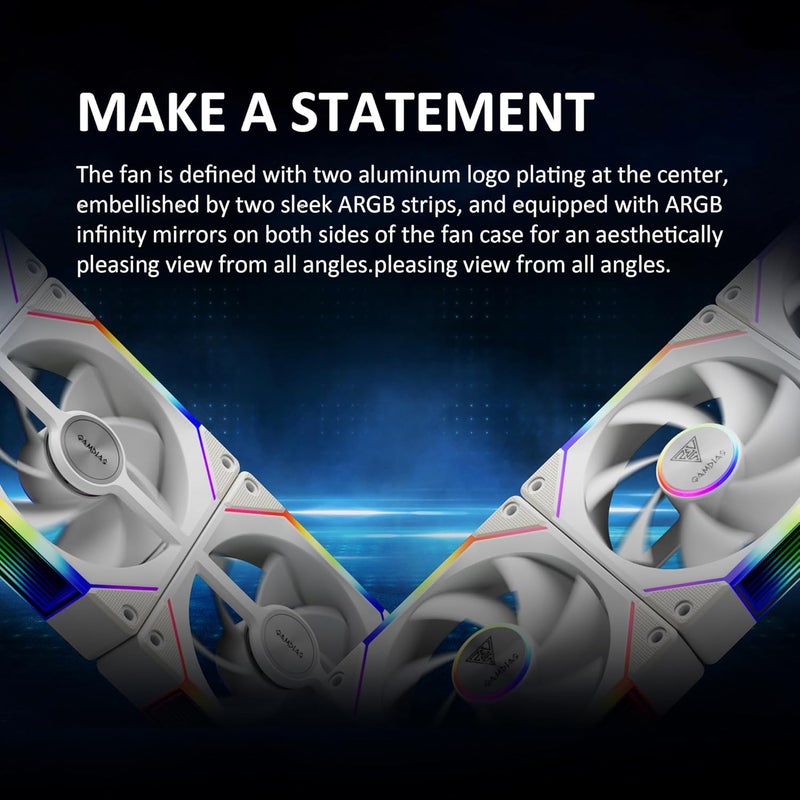 GAMDIAS Aeolus P2-1203U 120mm ARGB PWM Fan(3 Fan Pack w/USB Hub), Include Reverse Fan Blade x3, ARGB Sync Ready, Easy Installation & Cabless Daisy-Chain Design, Silent Operation, Up to 2400RPM, White - Image 3